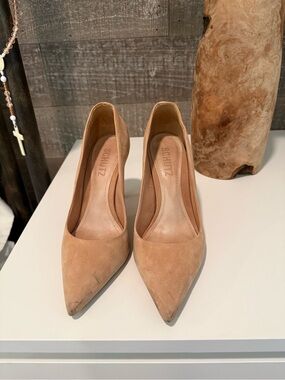 SCHUTZ LOU HIGH STILETTO HONEY BEIGE PUMP Nude Tan Suede Pointed Toe Pumps